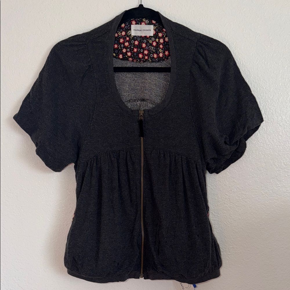 Tsumori Chisato Charcoal Short Sleeve bubble hem cute Y2K  Sweater made in Japan
